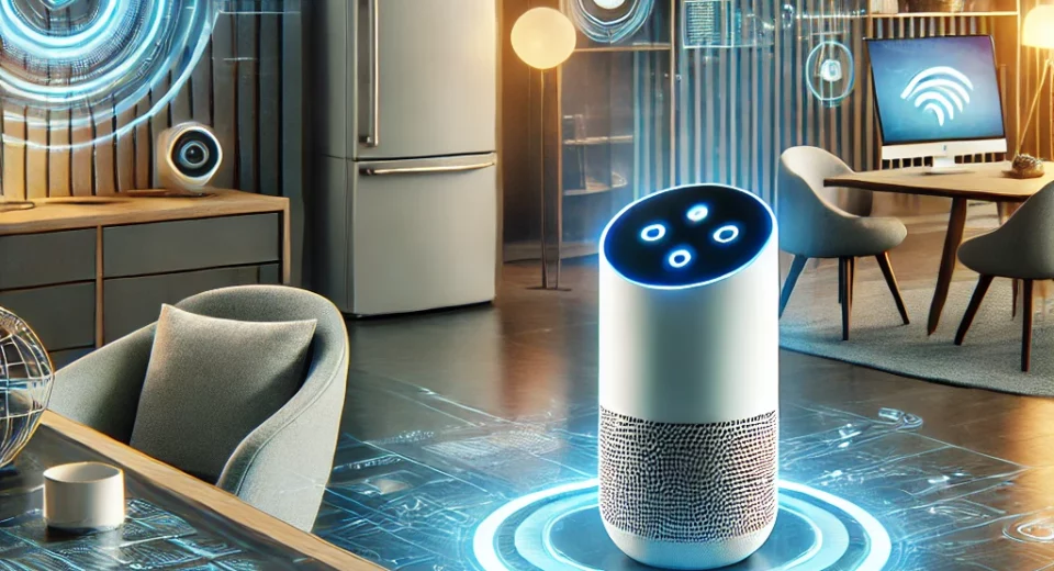 Maison connectée avec assistants vocaux, éclairage intelligent et caméras de surveillance en 2024.