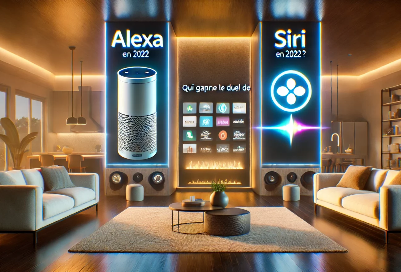 Image réaliste montrant un duel technologique entre Amazon Alexa et Apple Siri dans une maison intelligente équipée de divers appareils connectés.
