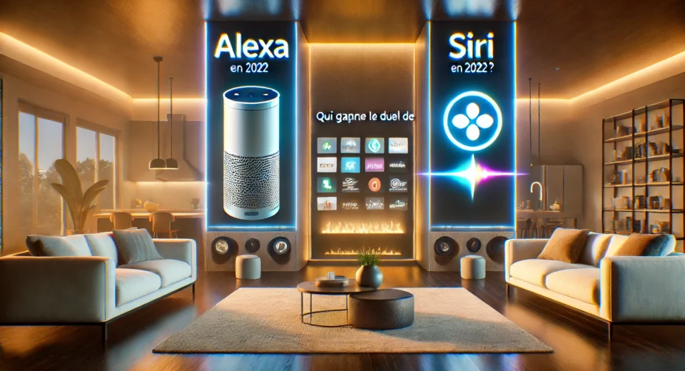 Image réaliste montrant un duel technologique entre Amazon Alexa et Apple Siri dans une maison intelligente équipée de divers appareils connectés.