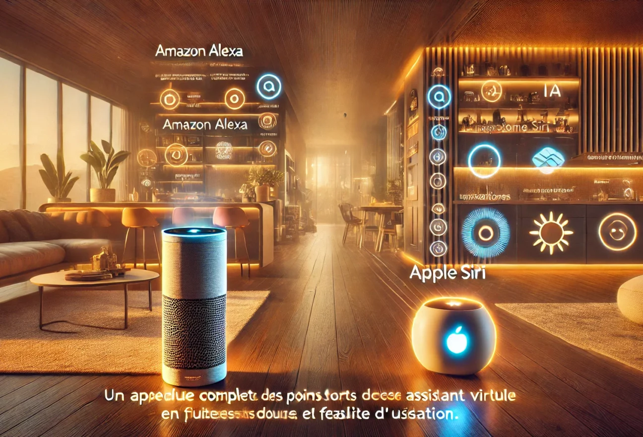 Illustration ultra-réaliste d'une comparaison entre Amazon Alexa et Apple Siri, mettant en avant leurs intégrations dans un écosystème domotique moderne.