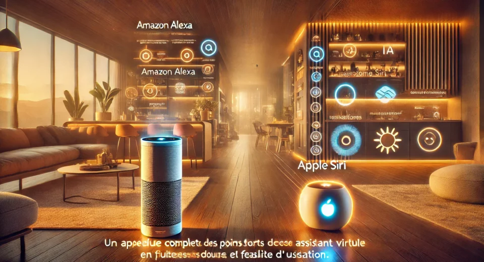 Illustration ultra-réaliste d'une comparaison entre Amazon Alexa et Apple Siri, mettant en avant leurs intégrations dans un écosystème domotique moderne.